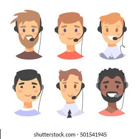 Portrait of happy smiling male customer support phone operator. callcenter worker with headset. Cartoon vector illustration man agent