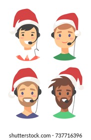 Portrait of happy smiling male customer support phone operator in Christmas hat. Callcenter worker with headset. Cartoon vector illustration man agent