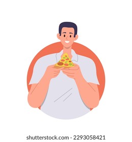 Portrait of happy smiling man holding tasty pizza slice ready to eat delicious junk fast food snack
