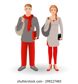 Portrait of happy smiling student or young man standing with folder and young women standing with tablet, isolated on white background. Vector illustration. Family, brother and sister. Set.