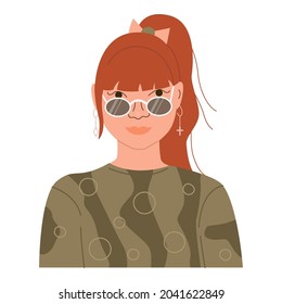 Portrait of happy smiling teen girl. Avatar of funny stylish teenager female character. Cute young person. Flat vector illustration isolated on white background. 