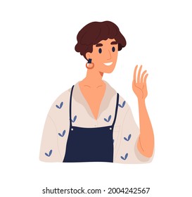 Portrait of happy smiling woman in apron, greeting smb with hi gesture. Friendly worker waving with hand, saying bye. Flat vector illustration isolated on white background