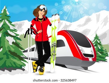 portrait of happy smiling woman enjoy her winter vacation in mountain resort  wearing ski suit, standing with mountain skis against high speed train