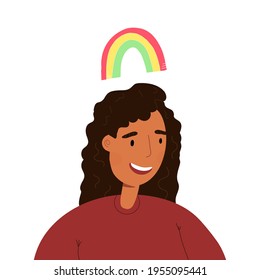 Portrait of a happy smiling woman in good mood with rainbow above her head. Mental health, self care, confidence concept. Vector character isolated illustration.