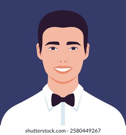 Portrait of a happy smiling young man in a shirt with bow tie. Avatar for social media. Vector illustration