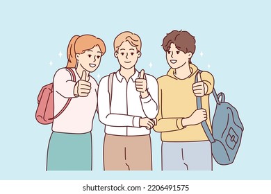 Portrait of happy students with backpack posing together showing thumbs up for good education. Smiling youth recommend college or university. Vector illustration. 