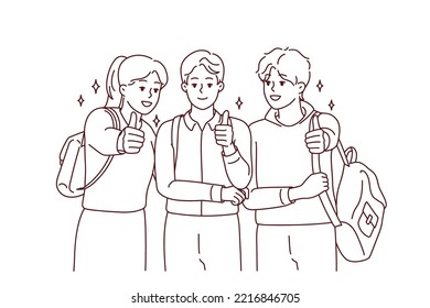 Portrait of happy students with backpack posing together showing thumbs up for good education. Smiling youth recommend college or university. Vector illustration. 