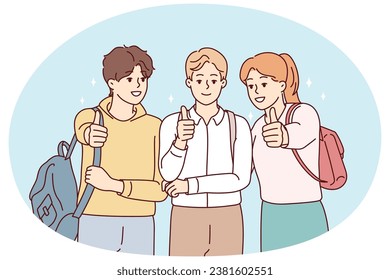 Portrait of happy students with backpack posing together showing thumbs up for good education. Smiling youth recommend college or university. Vector illustration.