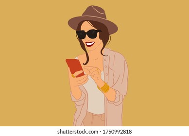 Retrato de una feliz mujer elegante usando el teléfono móvil en el fondo. Ilustración vectorial en estilo plano