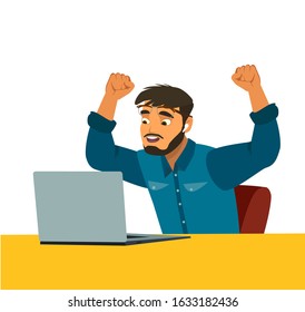 Portrait of a happy successful person working on a laptop, rejoicing in success. Vector illustration.