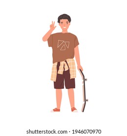 Portrait of happy teenager standing with skateboard, winking and showing V sign. Young skater in street-style clothes. Colored flat vector illustration of cool boy isolated on white background