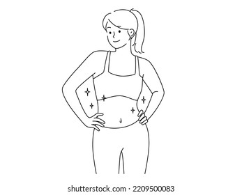 Portrait of happy toned woman in sportswear proud of good shape. Smiling young fit female show sportive body figure. Sport and healthy lifestyle. Vector illustration. 