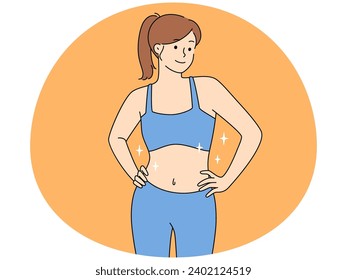 Portrait of happy toned woman in sportswear proud of good shape. Smiling young fit female show sportive body figure. Sport and healthy lifestyle. Vector illustration.