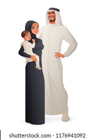 Portrait of happy traditional Arab family with child. Cartoon style vector illustration isolated on white background EPS10.