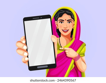 Portrait of a happy traditional Indian woman wearing a saree raising her hand to show a smartphone with an empty display to put an advertisement