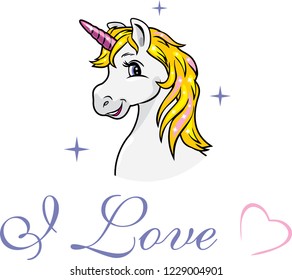 Portrait of a happy white unicorn. Vector