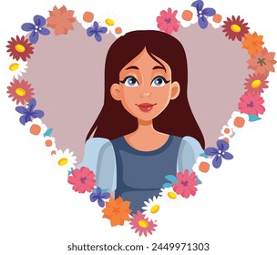 
Portrait of a Happy Woman in a Floral Heart Vector Illustration
Cheerful girl feeling blissful and feminine 
