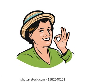 Portrait of happy woman in hat. Farmer logo vector illustration