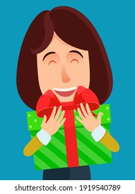 Portrait of happy woman hugs a gift box with a large bow. Birthday gift, surprised woman face. Vector illustration, flat design, cartoon style, isolated.