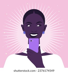 Retrato de una joven africana feliz con un smartphone. Medios sociales y educación en línea. Avatar del adolescente. Diversidad. Ilustración plana del vector