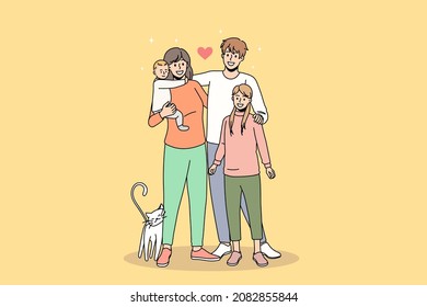 Portrait of happy young Caucasian family with children and pet show love and care in relationships. Smiling parents hug small kids demonstrate unity and bonding. Flat vector illustration. 