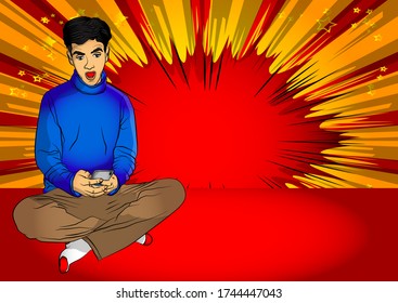 Portrait of happy young caucasian positive excited man sitting on a floor with legs crossed and using mobile phone. Comic book style, cartoon vector illustration.