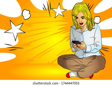 Portrait of happy young caucasian positive excited woman sitting on a floor with legs crossed and using mobile phone. Comic book style, cartoon vector illustration.