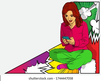 Portrait of happy young caucasian positive excited woman sitting on a floor with legs crossed and using mobile phone. Comic book style, cartoon vector illustration.