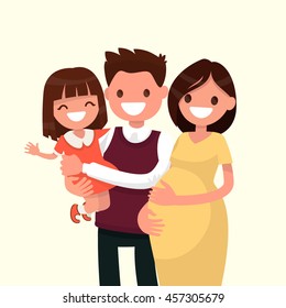 Portrait of a happy young family. Dad, daughter and pregnant mother. Vector illustration of a flat design