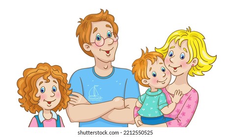 Portrait of a happy young family. Mother, father and two children. In cartoon style. Isolated on white background. Vector illustration.