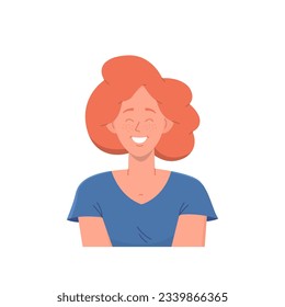 Portrait of happy young ginger woman with friendly smiling freckled face and closed eyes in pleasure