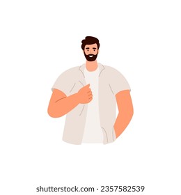 Portrait Happy young man. Person in modern loose casual clothes. Flat vector illustration isolated on white background.