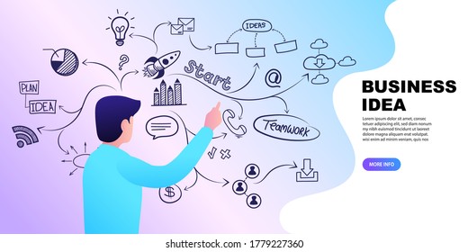 Portrait of happy young man standing with finger pointing up with business plan sketch. business idea Concept. Vector illustration.
