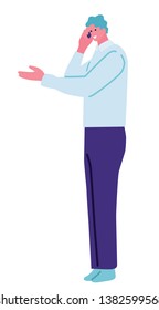 Portrait of happy young man talking on phone and walking on the street. Concept flat illustration with colored characters.