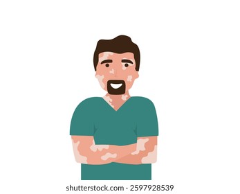 Portrait of a happy young man with vitiligo. Close up of man with skin disorder. male character with vitiligo. Vector illustration on isolated background.