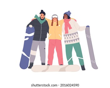 Retrato de jóvenes felices en equipos deportivos de invierno con snowboard. Amigos de Snowboard parados con tablas de nieve y abrazos. Ilustración vectorial plana coloreada aislada en fondo blanco