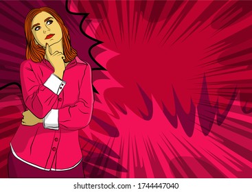 Portrait of happy young positive woman holding finger front of her jaw, thinking. Caucasian girl mulling. Comic book style, cartoon vector illustration.