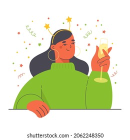 Portrait of happy young woman holding a champagne glass. Winter holidays season celebration concept. Girl flat character vector illustration.