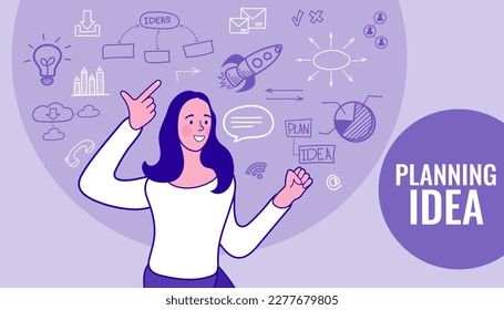 Portrait of happy young woman standing with finger pointing up with business plan sketch. business idea Concept. Vector outline illustration.