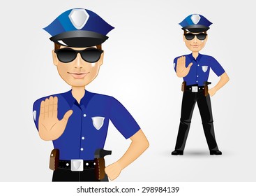 portrait of haughty policeman cop with sunglasses showing stop gesture isolated over white background