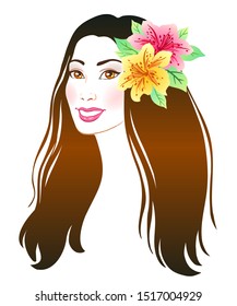 Portrait of a hawaiian asian girl, vector hand drawn colored illustration.