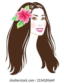 Portrait of a hawaiian asian girl, vector hand drawn colored illustration.