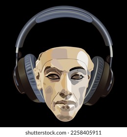 Portrait head of ancient Egyptian pharaoh Akhenaten wearing headphones and listening to music. Funny creative design. On black background.