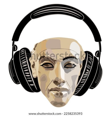 Portrait head of ancient Egyptian pharaoh Akhenaten wearing headphones and listening to music. Funny creative design. Isolated vector illustration.