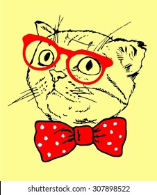 portrait head of a cat hipster  on a yellow background, fashion animal illustration, anthropomorphic design furry art hand drawn