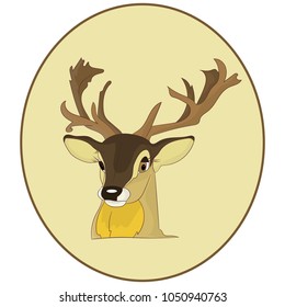 Portrait.The head of a deer in a round frame, cartoon on a white background, vector