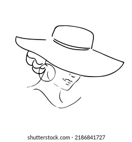 Portrait, head of a girl in a hat. Minimalist art, logo design for beauty salon, female face. Vector illustration line art.