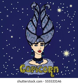 portrait head of a girl with high hair in the form of two horns the sign Capricorn on starry sky with the words Capricorn. horoscope and space. vector illustration for calendar