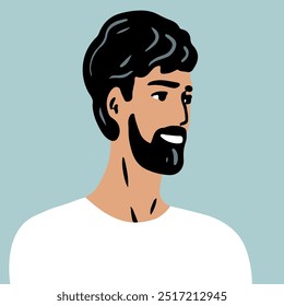 Retrato da cabeça de um jovem com barba. Rosto de sorriso. Ilustração de vetor plano