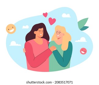 Portrait with hearts of happy lesbian couple on dating. Female homosexual characters hugging on date, two women standing together flat vector illustration. Love, intimacy, LGBT relationship concept